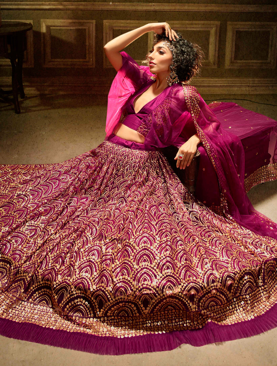 Wine Sequins Embroidered Lehenga | Party Wear Wedding Lehenga