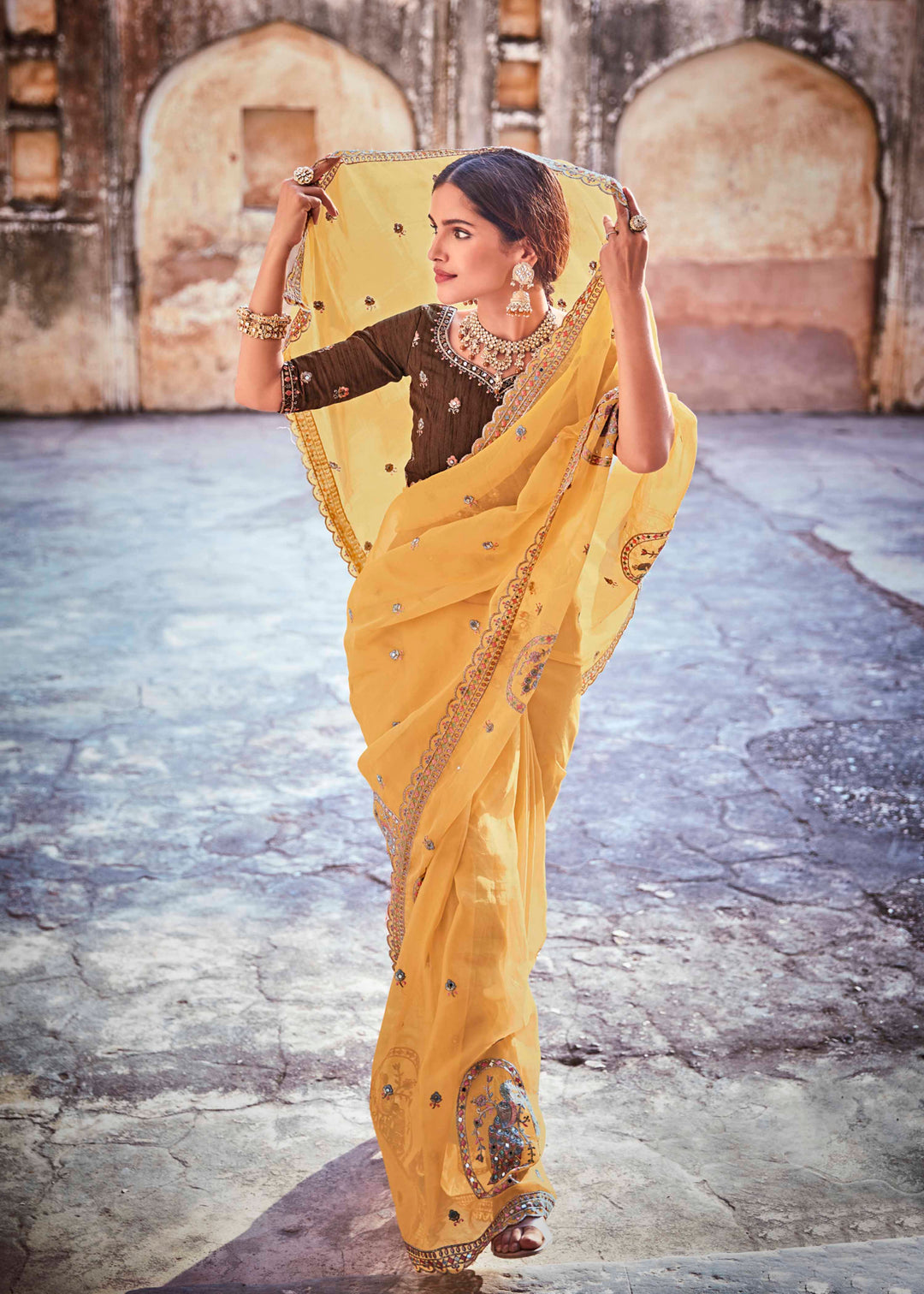 Mustard Organza Saree with Zari and Thread Work | Art Silk Blouse for Festive Wear