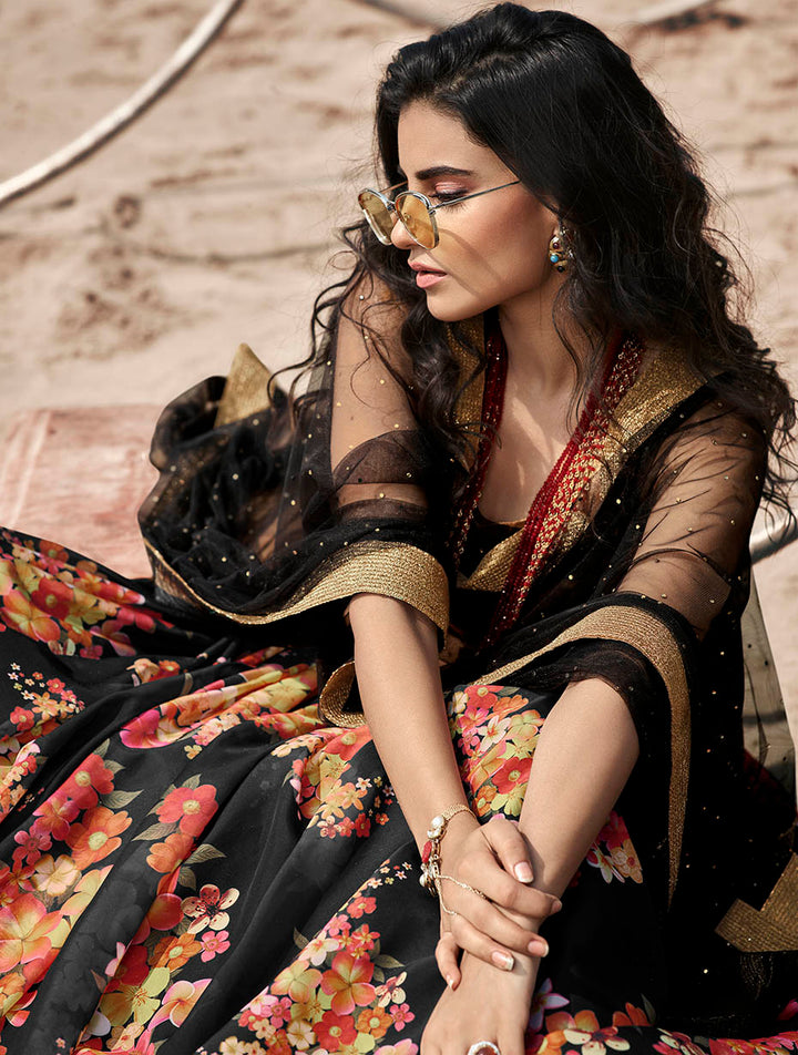 Elegant Black Wedding Lehenga | Fancy Organza with Stunning Prints