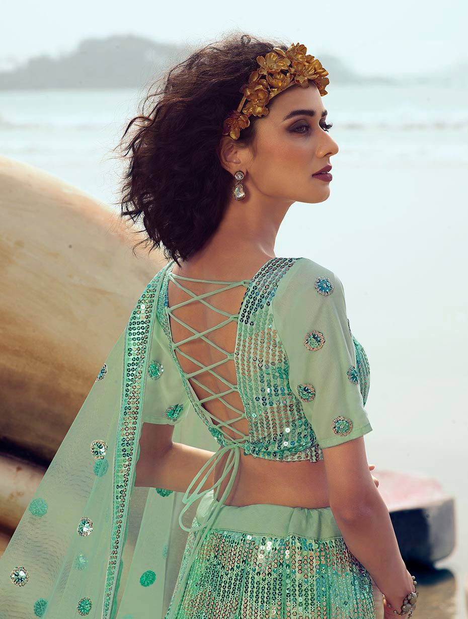 Exquisite Green Net Lehenga | Customizable for Wedding Wear