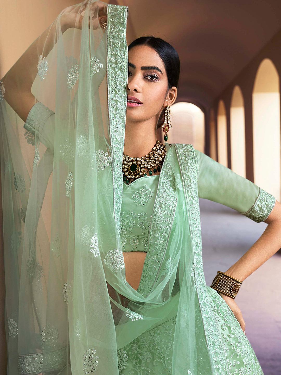 Soft Net Lehenga with Sequins and Dori Work | Semi-Stitched Pista Green Lehenga