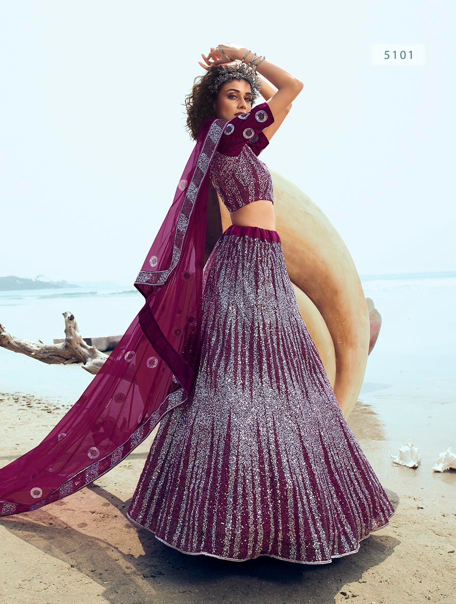 Elegant Wine Net Lehenga | Customizable Semi-Stitched Ethnic Wear