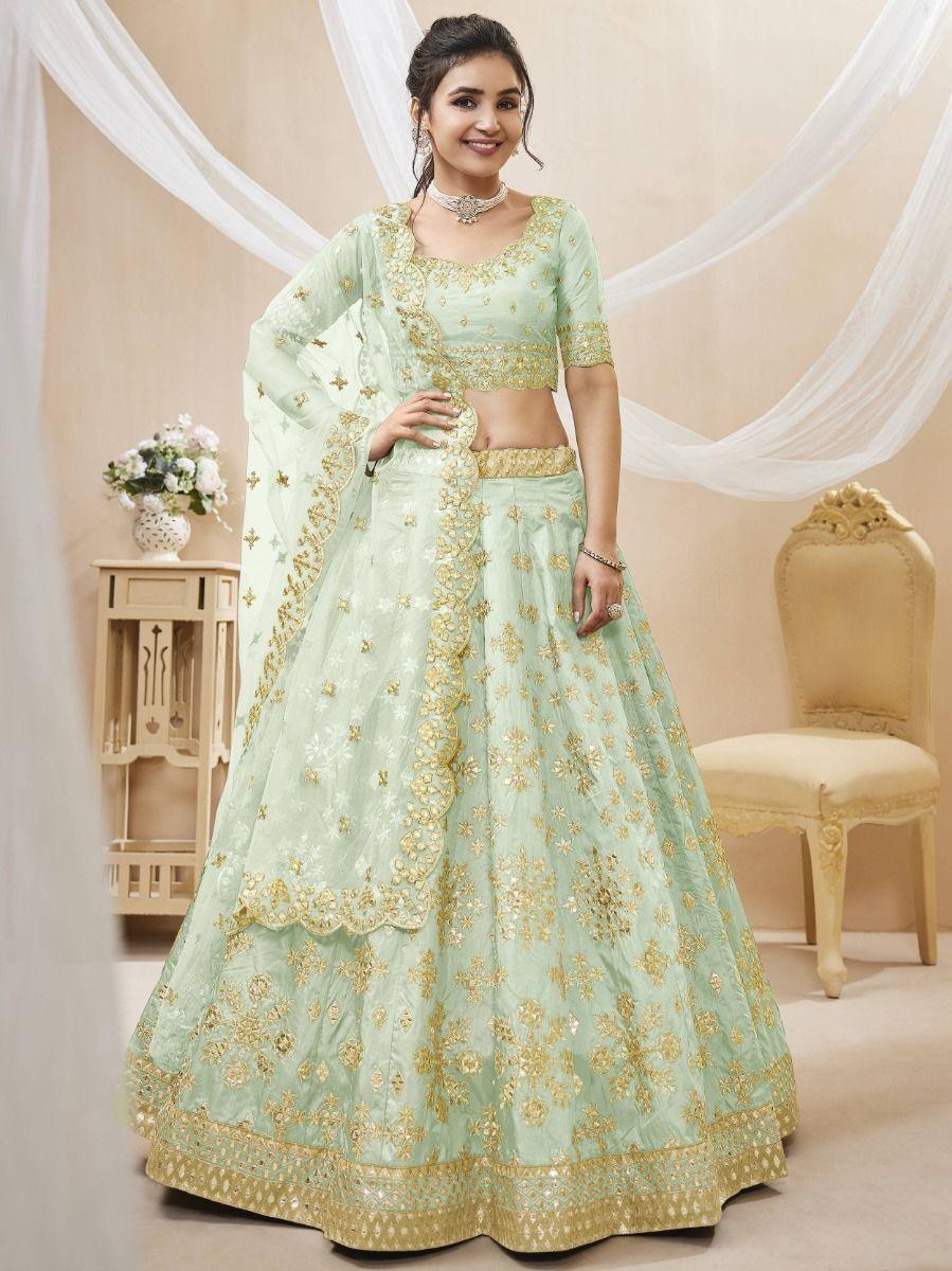 Pista Green Art Silk Lehenga Choli | Embroidered with Zari & Mirror Work