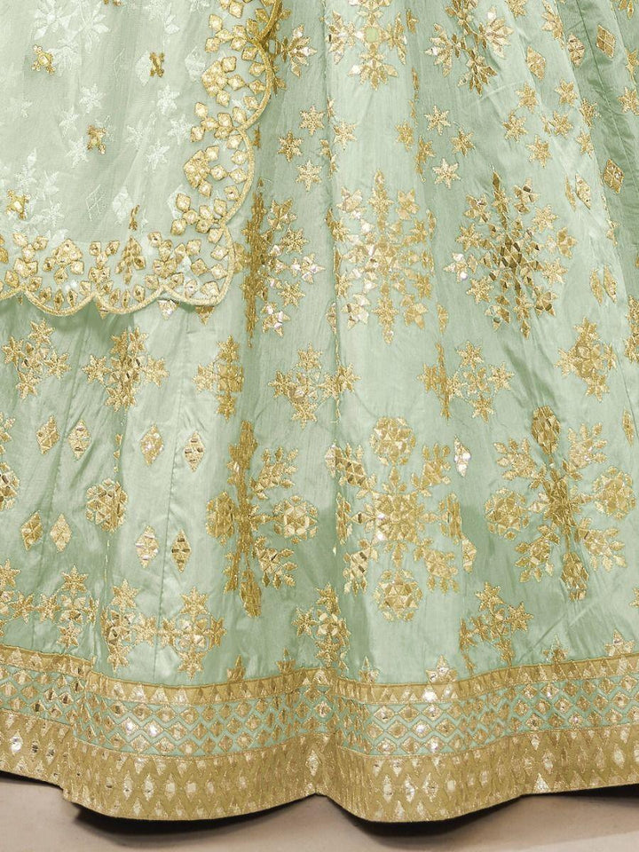 Pista Green Art Silk Lehenga Choli | Embroidered with Zari & Mirror Work