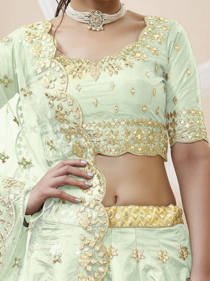 Pista Green Art Silk Lehenga Choli | Embroidered with Zari & Mirror Work