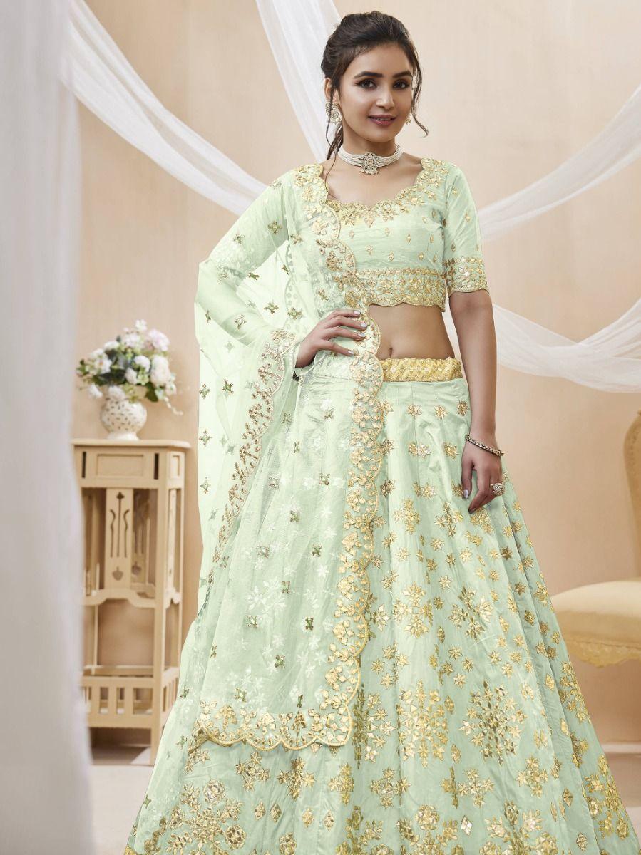 Pista Green Art Silk Lehenga Choli | Embroidered with Zari & Mirror Work