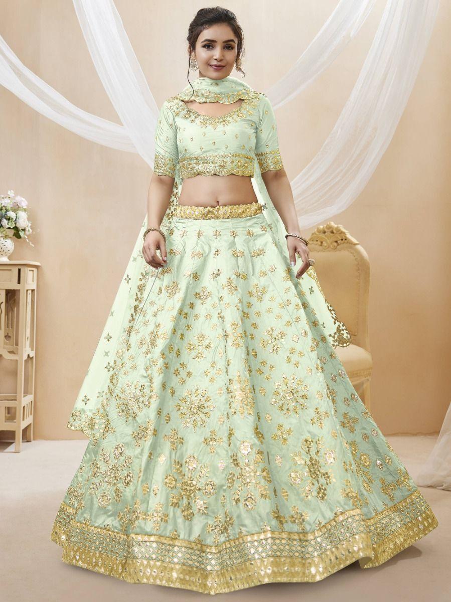 Pista Green Art Silk Lehenga Choli | Embroidered with Zari & Mirror Work