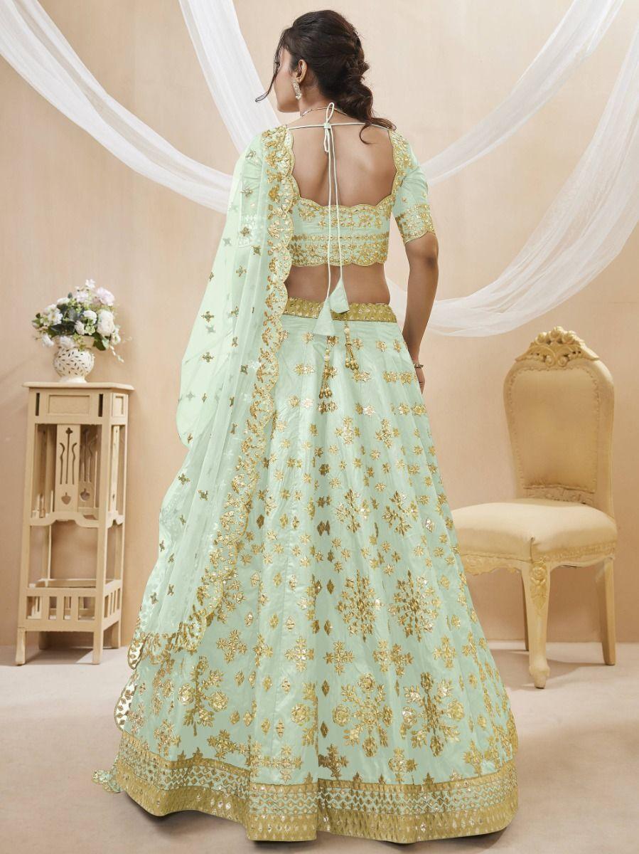 Pista Green Art Silk Lehenga Choli | Embroidered with Zari & Mirror Work