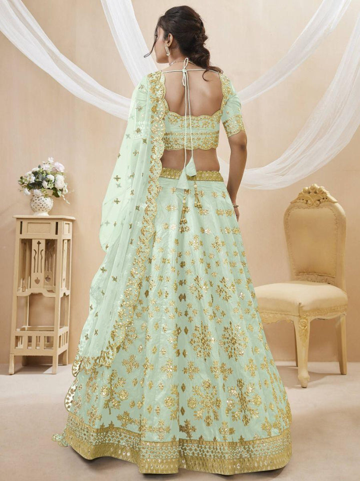 Pista Green Art Silk Lehenga Choli | Embroidered with Zari & Mirror Work