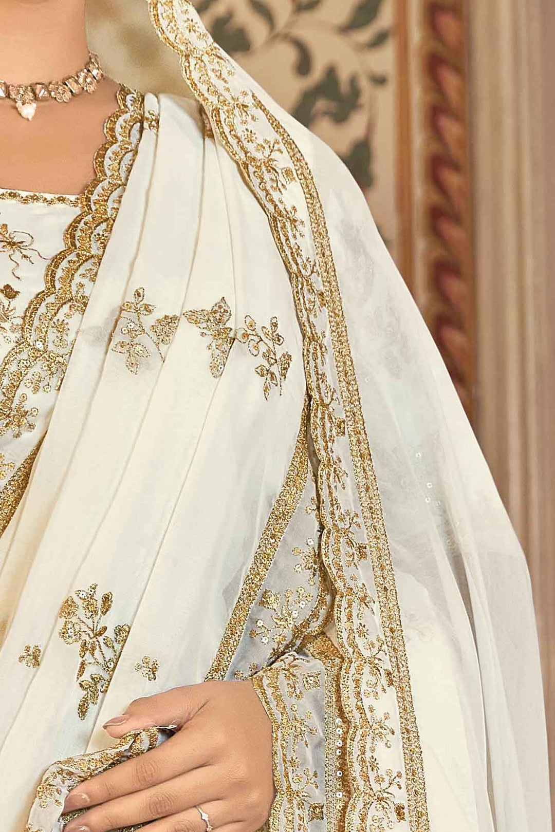 White Saree with Golden Embroidery & Sparkling Embellishments | Indian Sari