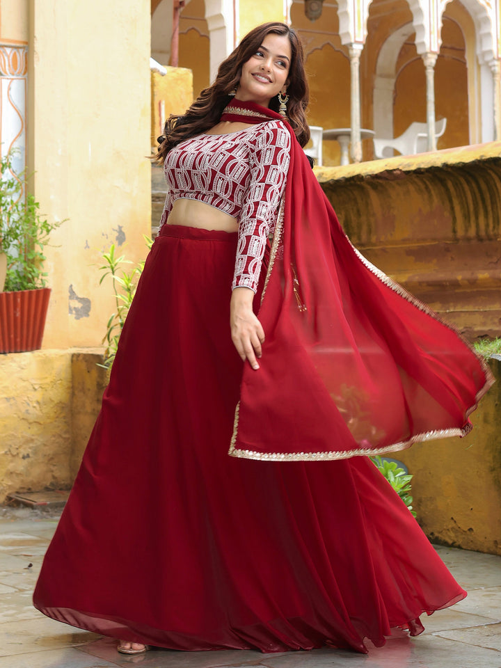 Stunning Red Sequins Georgette Party Wear Lehenga Choli With Dupatta