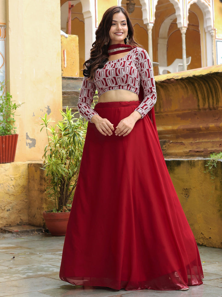 Stunning Red Sequins Georgette Party Wear Lehenga Choli With Dupatta