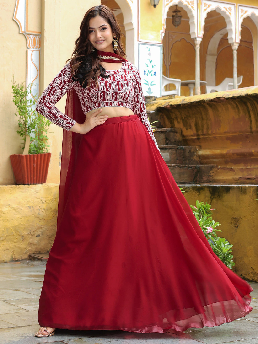 Stunning Red Sequins Georgette Party Wear Lehenga Choli With Dupatta