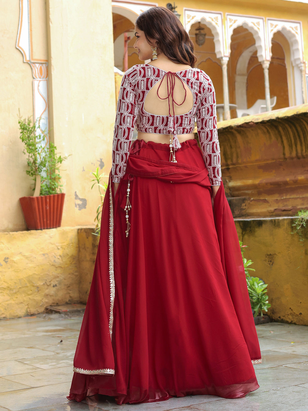 Stunning Red Sequins Georgette Party Wear Lehenga Choli With Dupatta