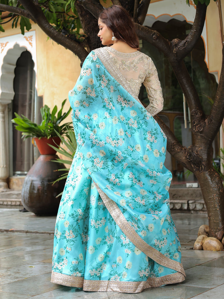 Beautiful Sky Blue Floral Print Organza Lehenga Choli With Dupatta