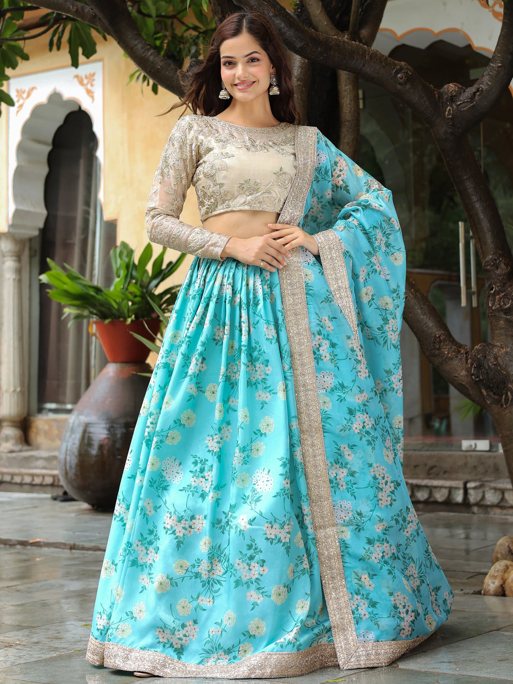 Beautiful Sky Blue Floral Print Organza Lehenga Choli With Dupatta