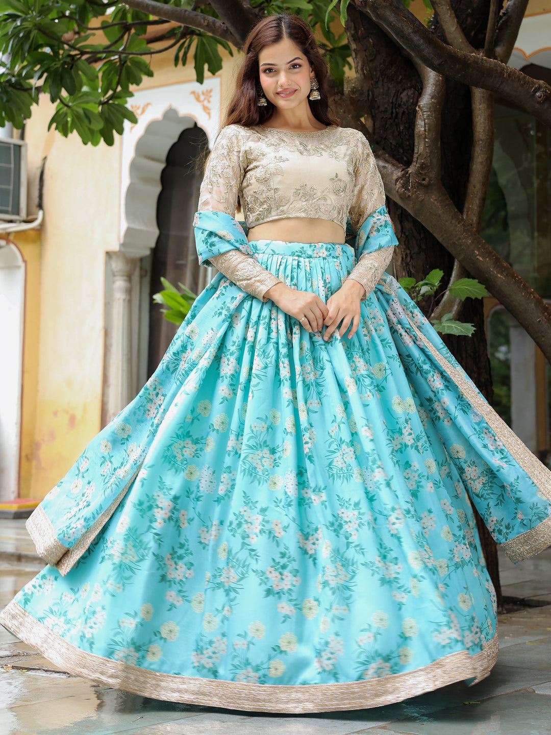 Beautiful Sky Blue Floral Print Organza Lehenga Choli With Dupatta