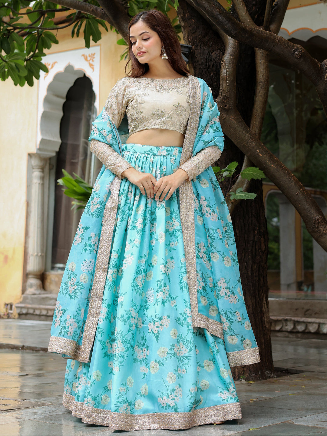 Beautiful Sky Blue Floral Print Organza Lehenga Choli With Dupatta