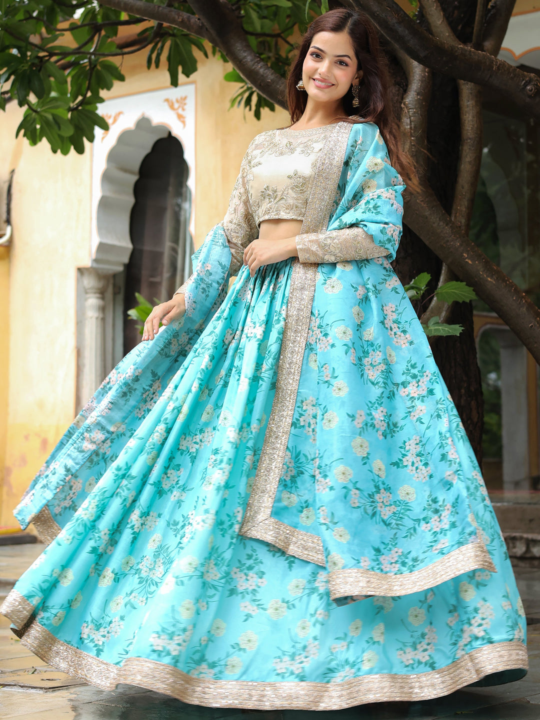 Beautiful Sky Blue Floral Print Organza Lehenga Choli With Dupatta