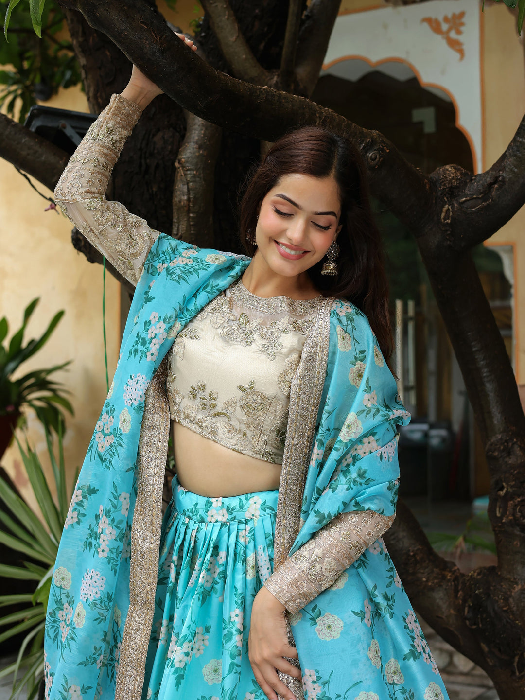 Beautiful Sky Blue Floral Print Organza Lehenga Choli With Dupatta