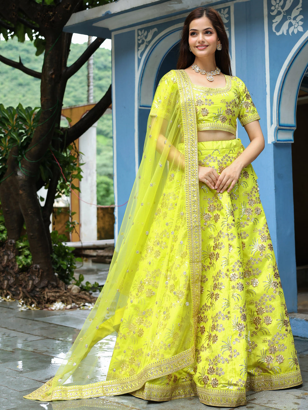 Fantastical Neon Embroidery Silk Lehenga Choli With Dupatta