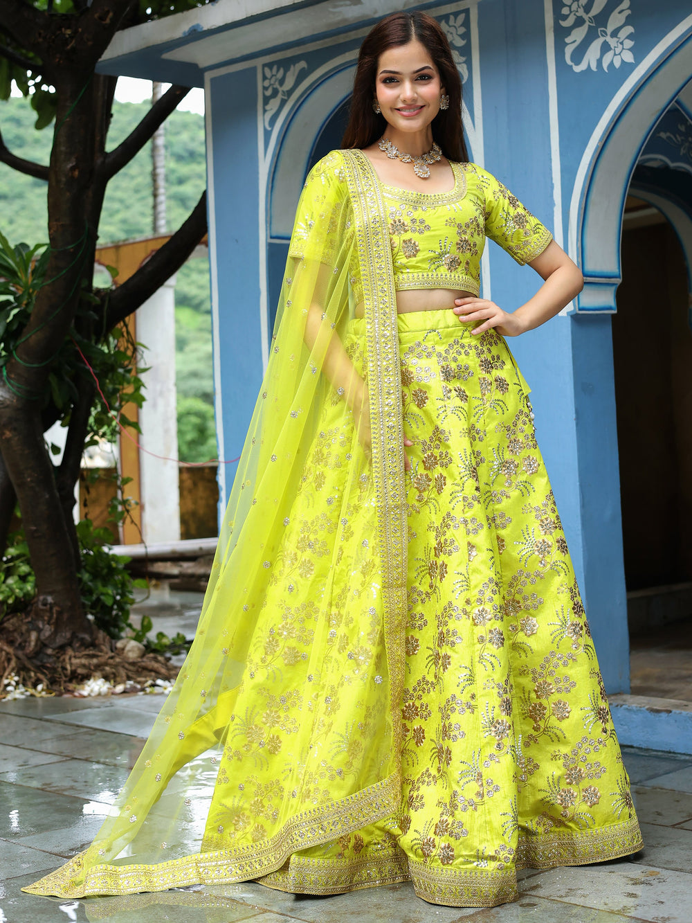 Fantastical Neon Embroidery Silk Lehenga Choli With Dupatta