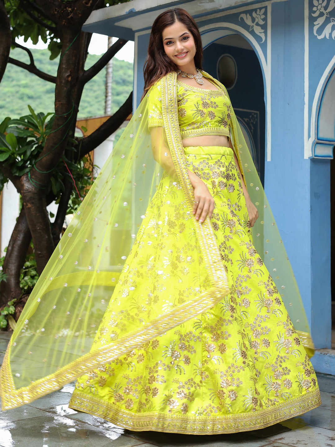 Fantastical Neon Embroidery Silk Lehenga Choli With Dupatta