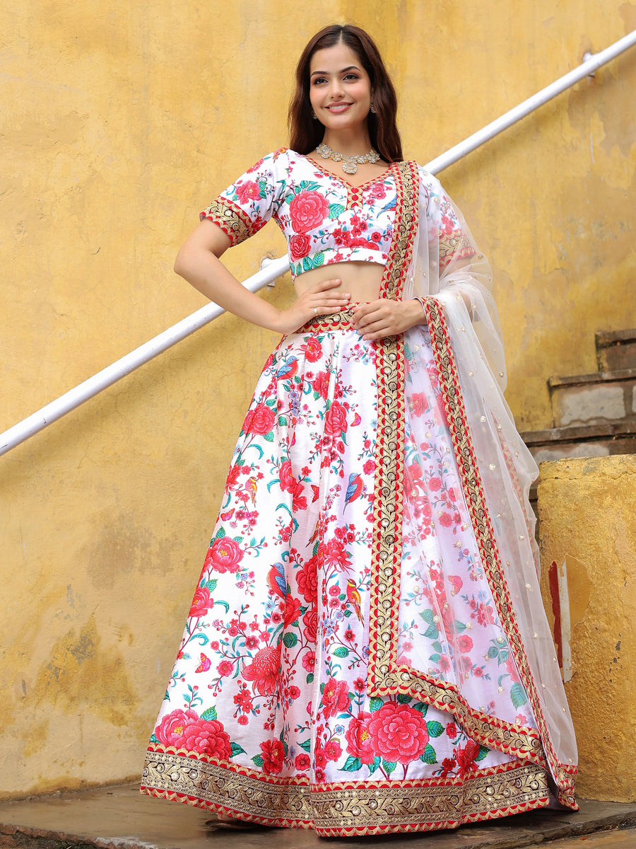 Alluring Off-White Floral Printed Art Silk Sangeet Wear Lehenga Choli