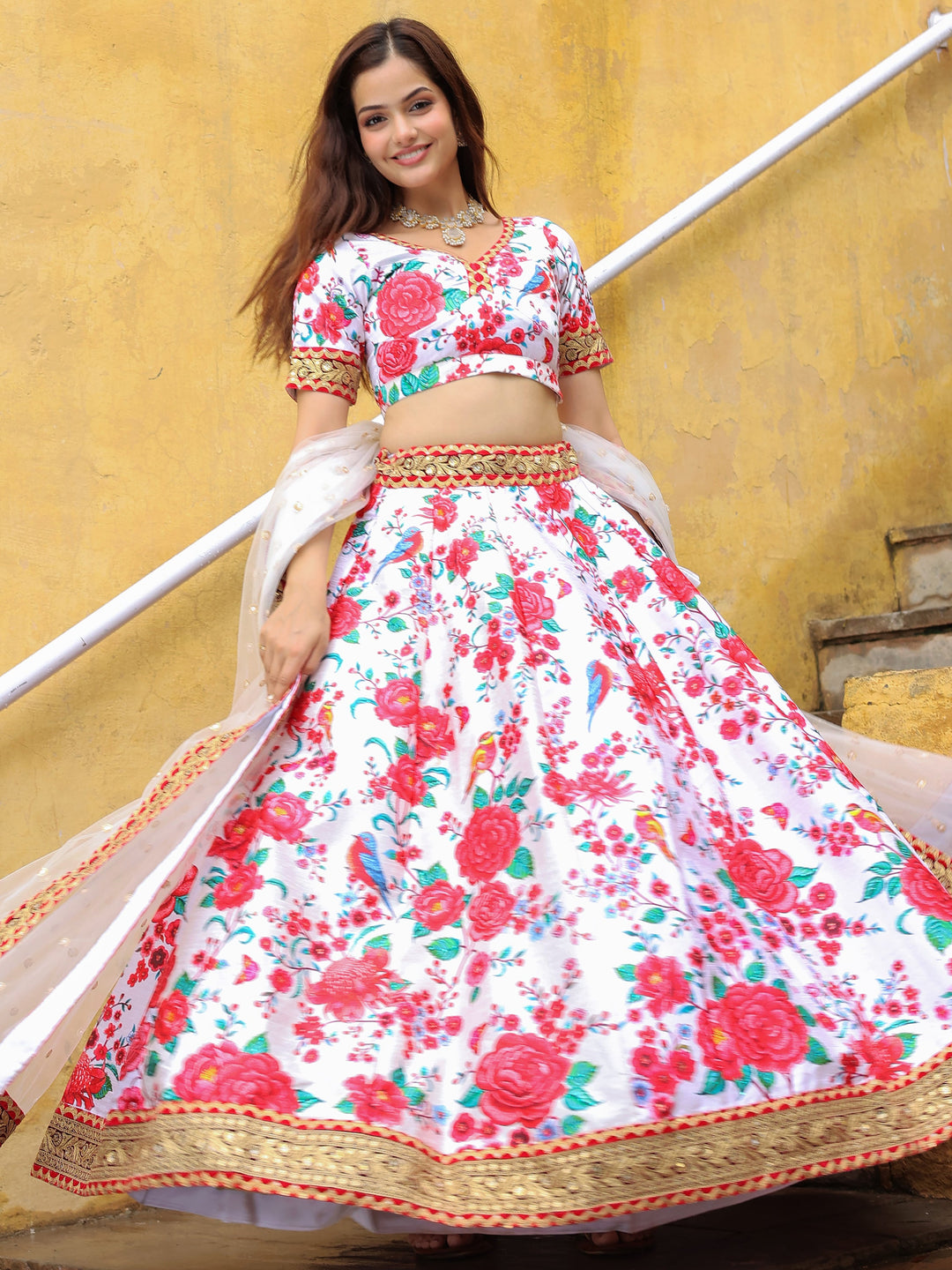 Alluring Off-White Floral Printed Art Silk Sangeet Wear Lehenga Choli