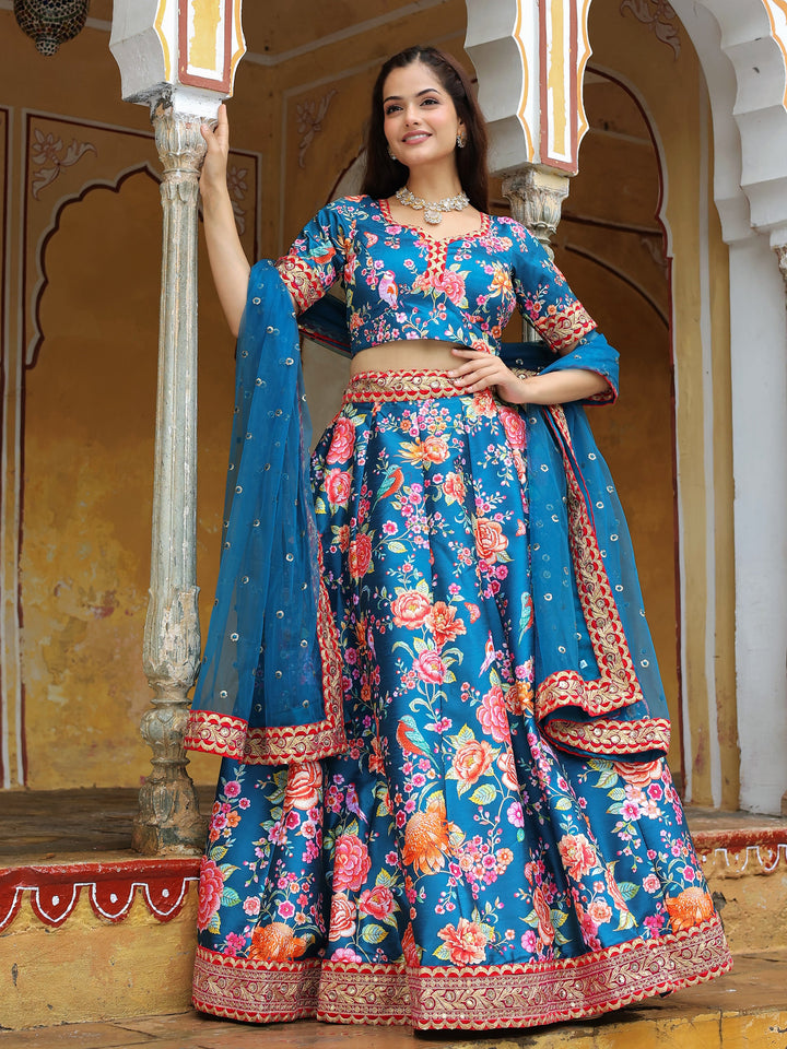 Outstanding Blue Floral Printed Art Silk Wedding Lehenga Choli