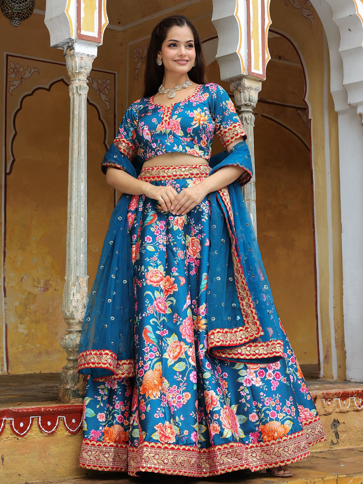 Outstanding Blue Floral Printed Art Silk Wedding Lehenga Choli