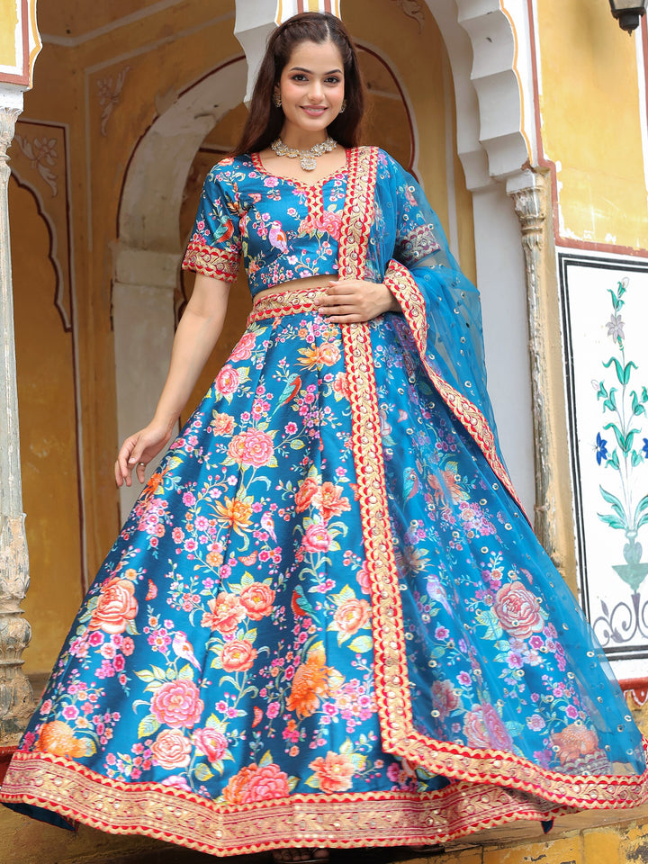 Outstanding Blue Floral Printed Art Silk Wedding Lehenga Choli