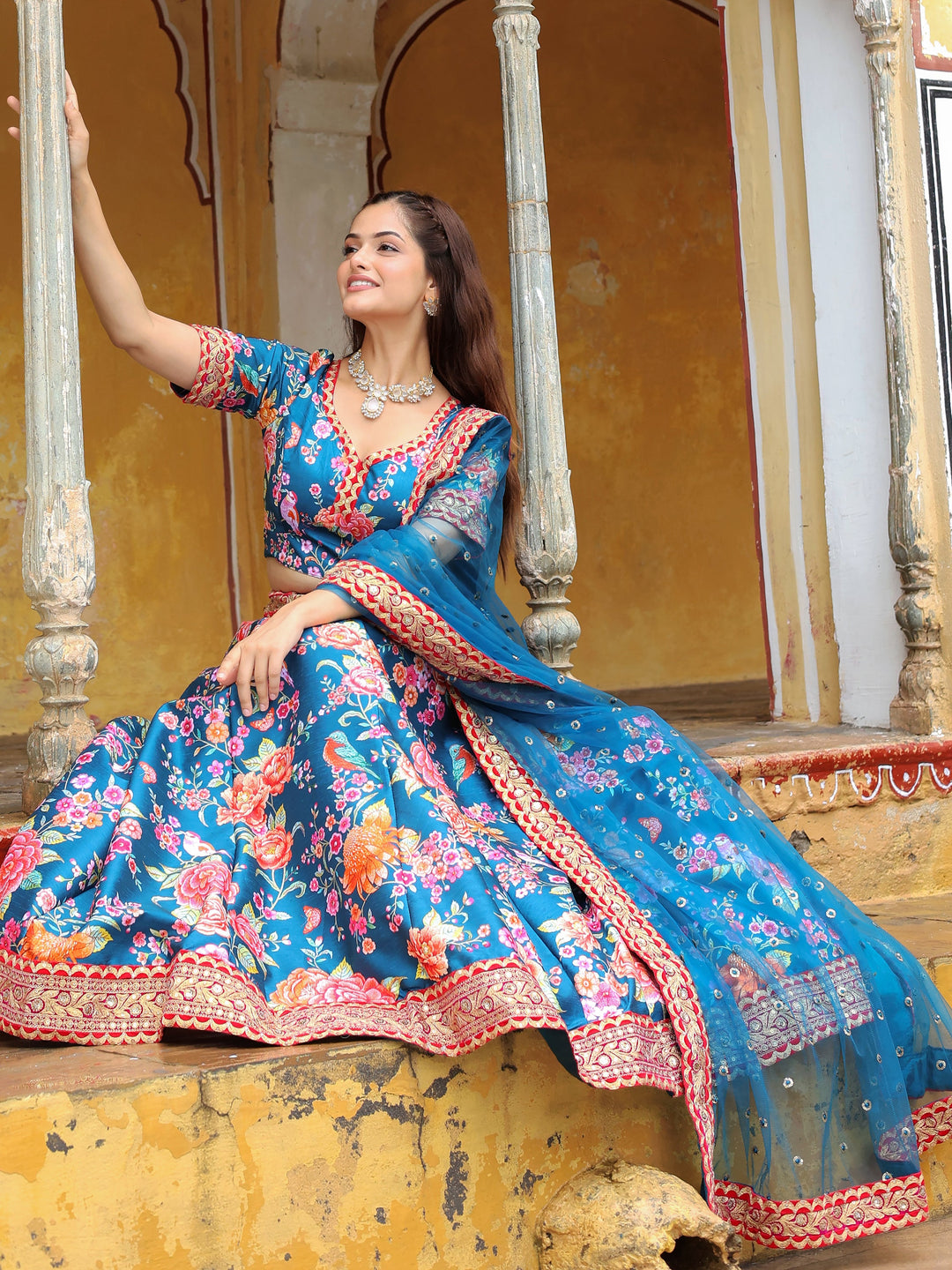 Outstanding Blue Floral Printed Art Silk Wedding Lehenga Choli