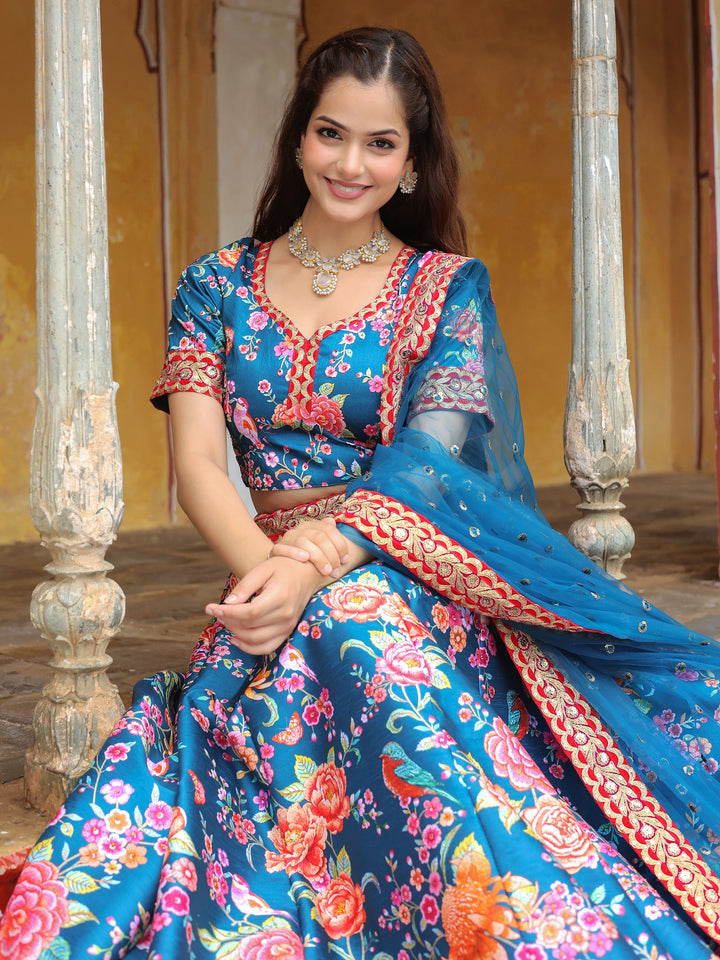 Outstanding Blue Floral Printed Art Silk Wedding Lehenga Choli