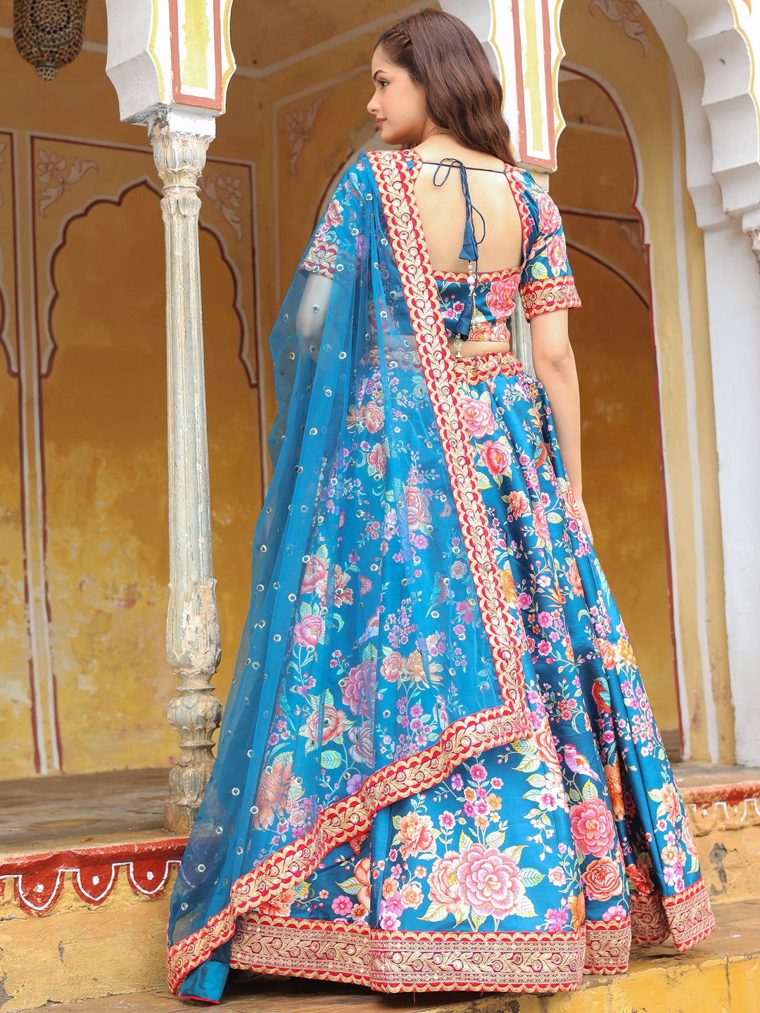 Outstanding Blue Floral Printed Art Silk Wedding Lehenga Choli