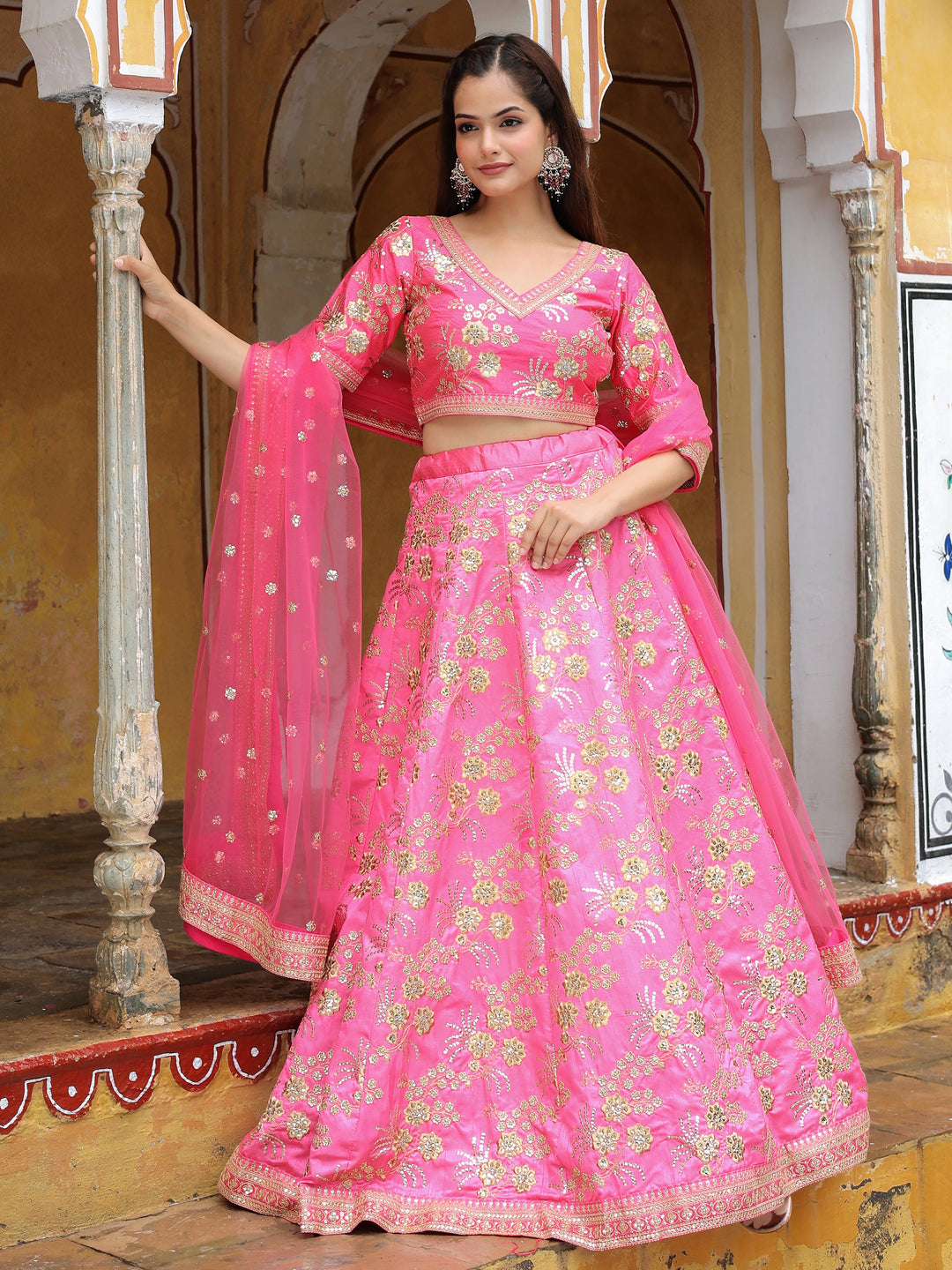 Incredible Pink Embroidery Silk Engagement Wear Lehenga Choli