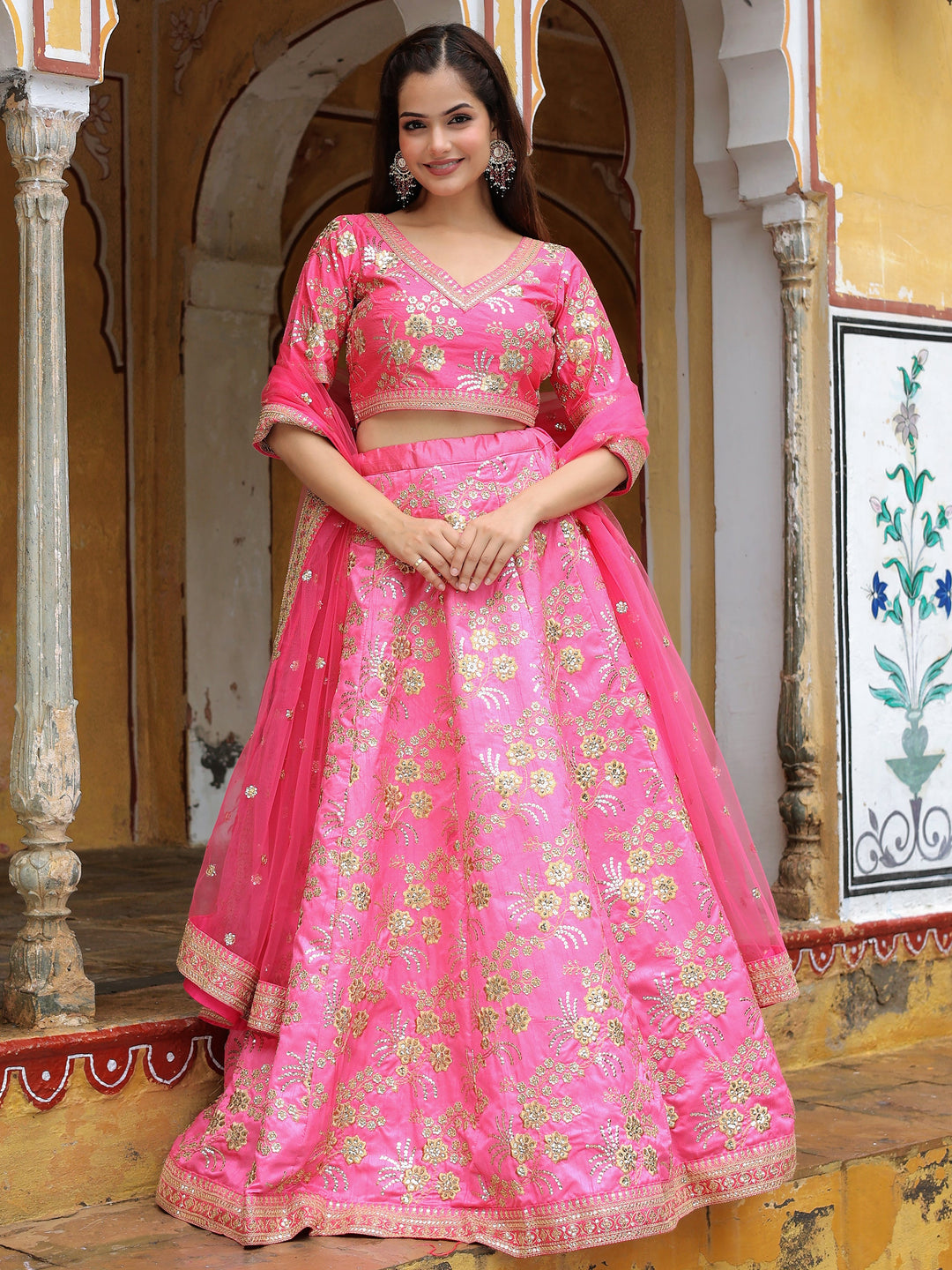 Incredible Pink Embroidery Silk Engagement Wear Lehenga Choli