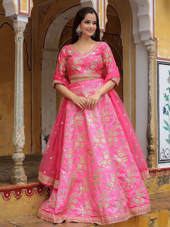 Incredible Pink Embroidery Silk Engagement Wear Lehenga Choli