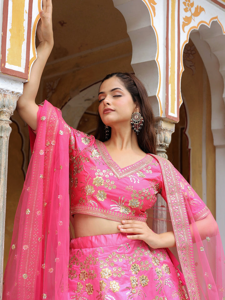 Incredible Pink Embroidery Silk Engagement Wear Lehenga Choli