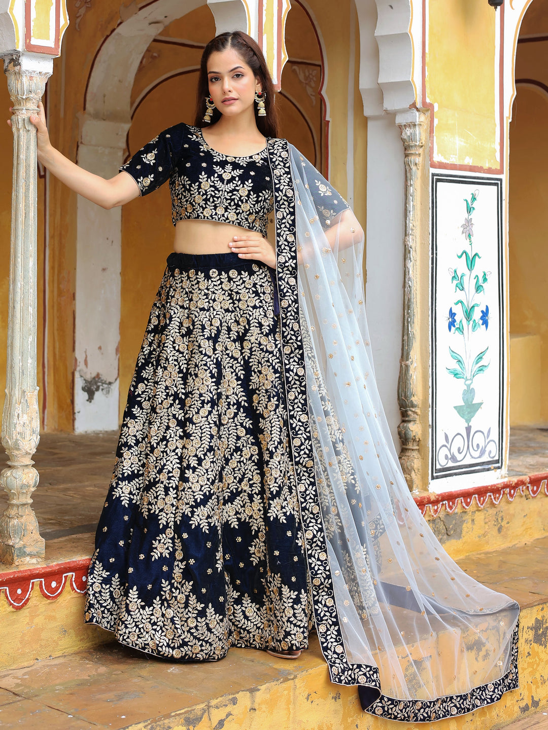 Stunning Navy Blue Embroidered Velvet Wedding Lehenga Choli