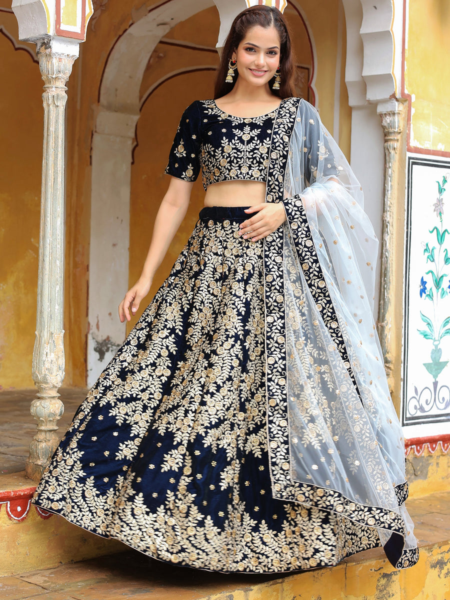 Stunning Navy Blue Embroidered Velvet Wedding Lehenga Choli