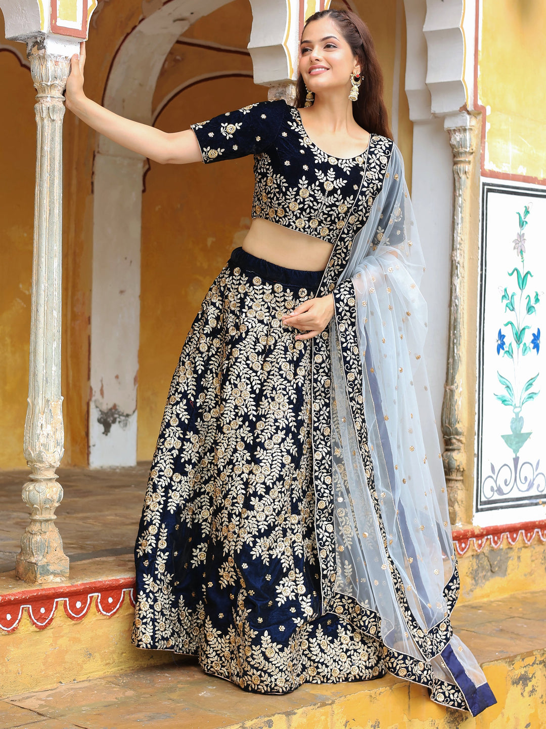 Stunning Navy Blue Embroidered Velvet Wedding Lehenga Choli