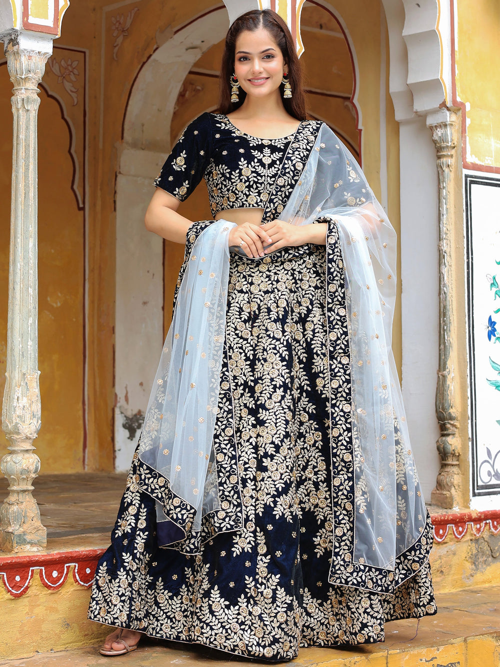 Stunning Navy Blue Embroidered Velvet Wedding Lehenga Choli