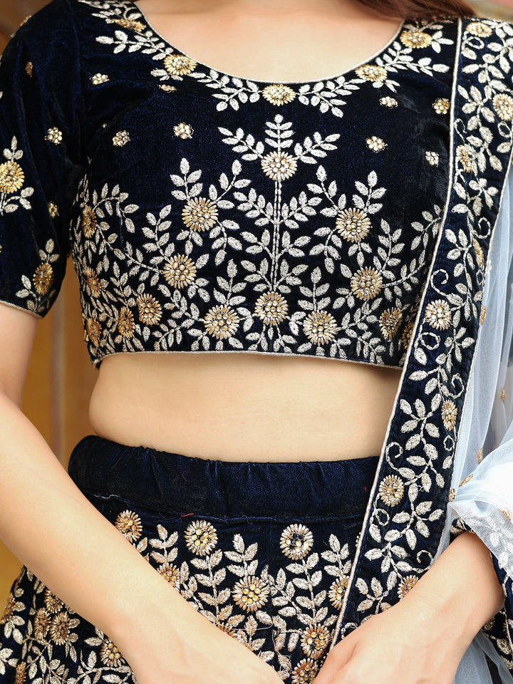 Stunning Navy Blue Embroidered Velvet Wedding Lehenga Choli