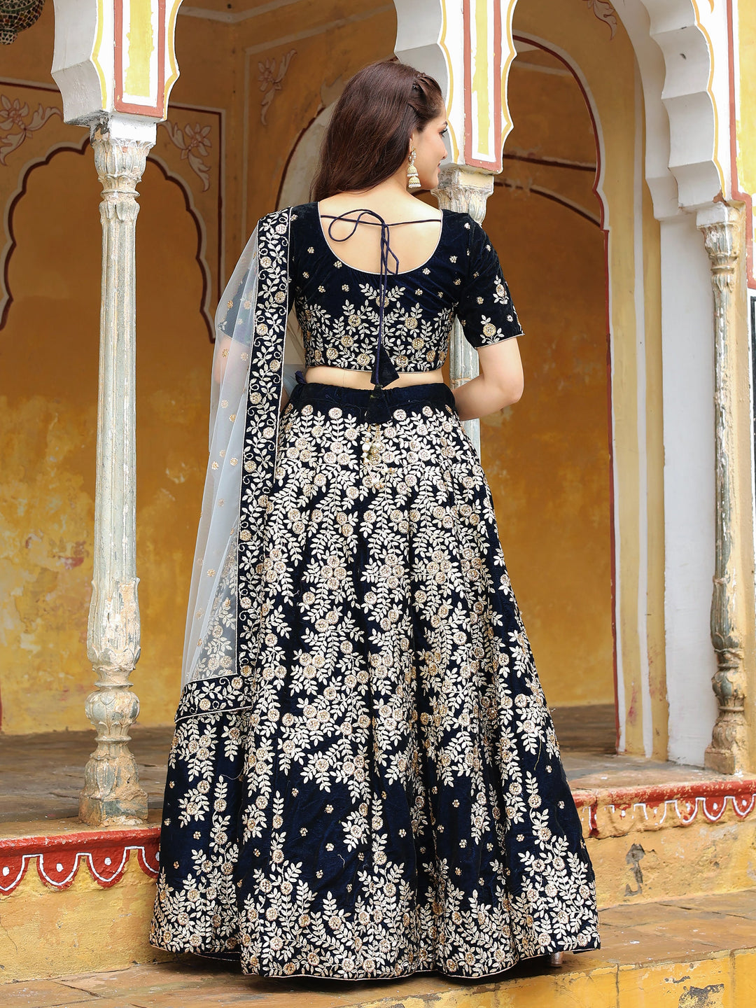 Stunning Navy Blue Embroidered Velvet Wedding Lehenga Choli