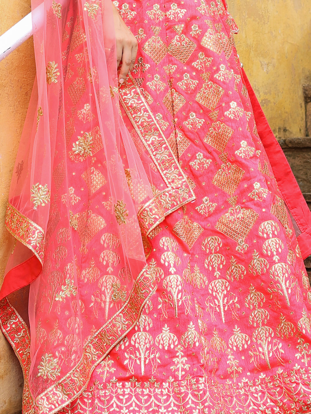 Bewitching Peach Embroidered Silk Wedding Lehenga Choli With Dupatta