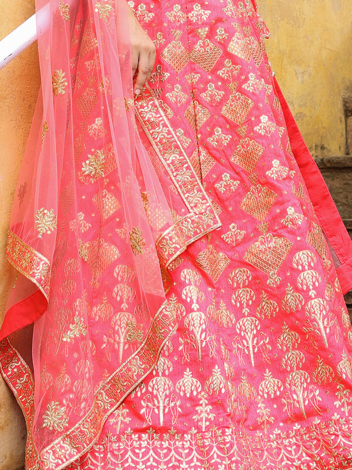 Bewitching Peach Embroidered Silk Wedding Lehenga Choli With Dupatta