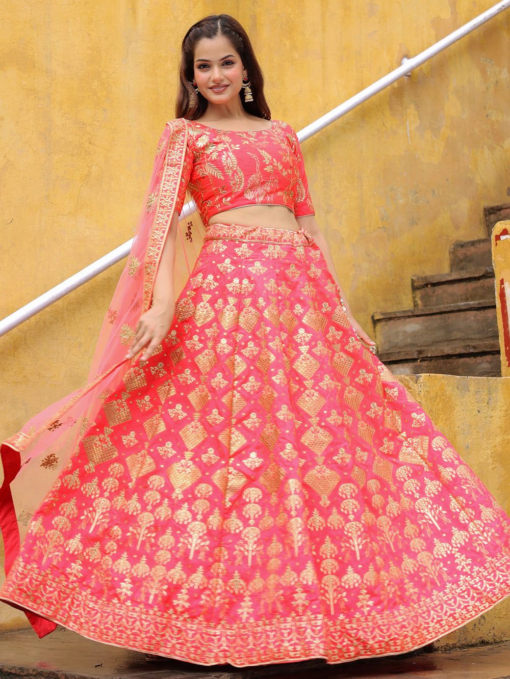 Bewitching Peach Embroidered Silk Wedding Lehenga Choli With Dupatta