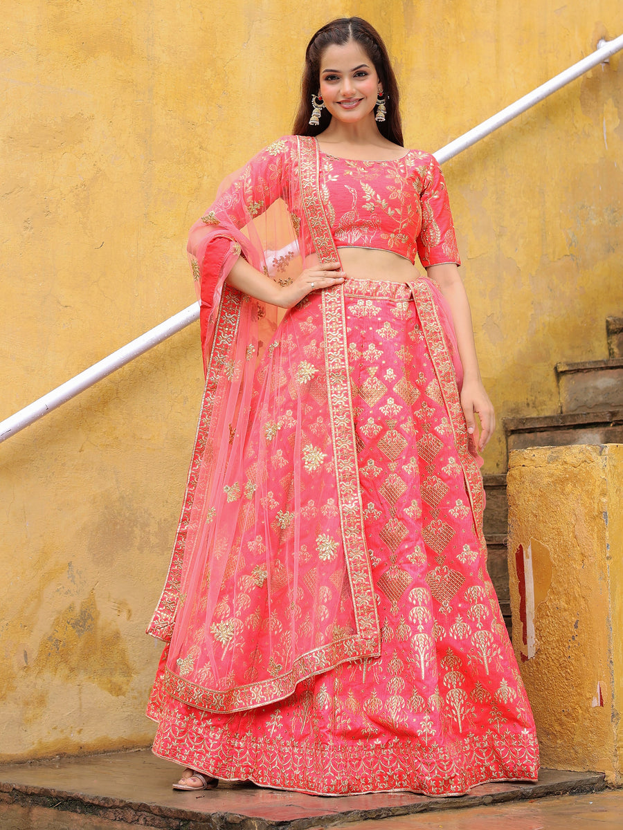 Bewitching Peach Embroidered Silk Wedding Lehenga Choli With Dupatta