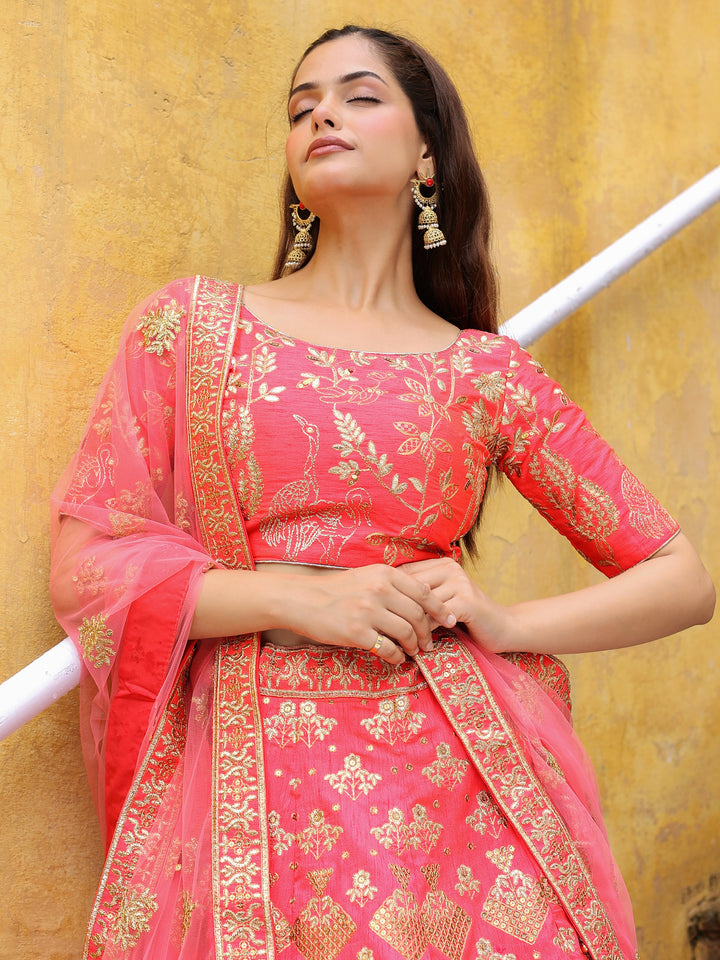 Bewitching Peach Embroidered Silk Wedding Lehenga Choli With Dupatta